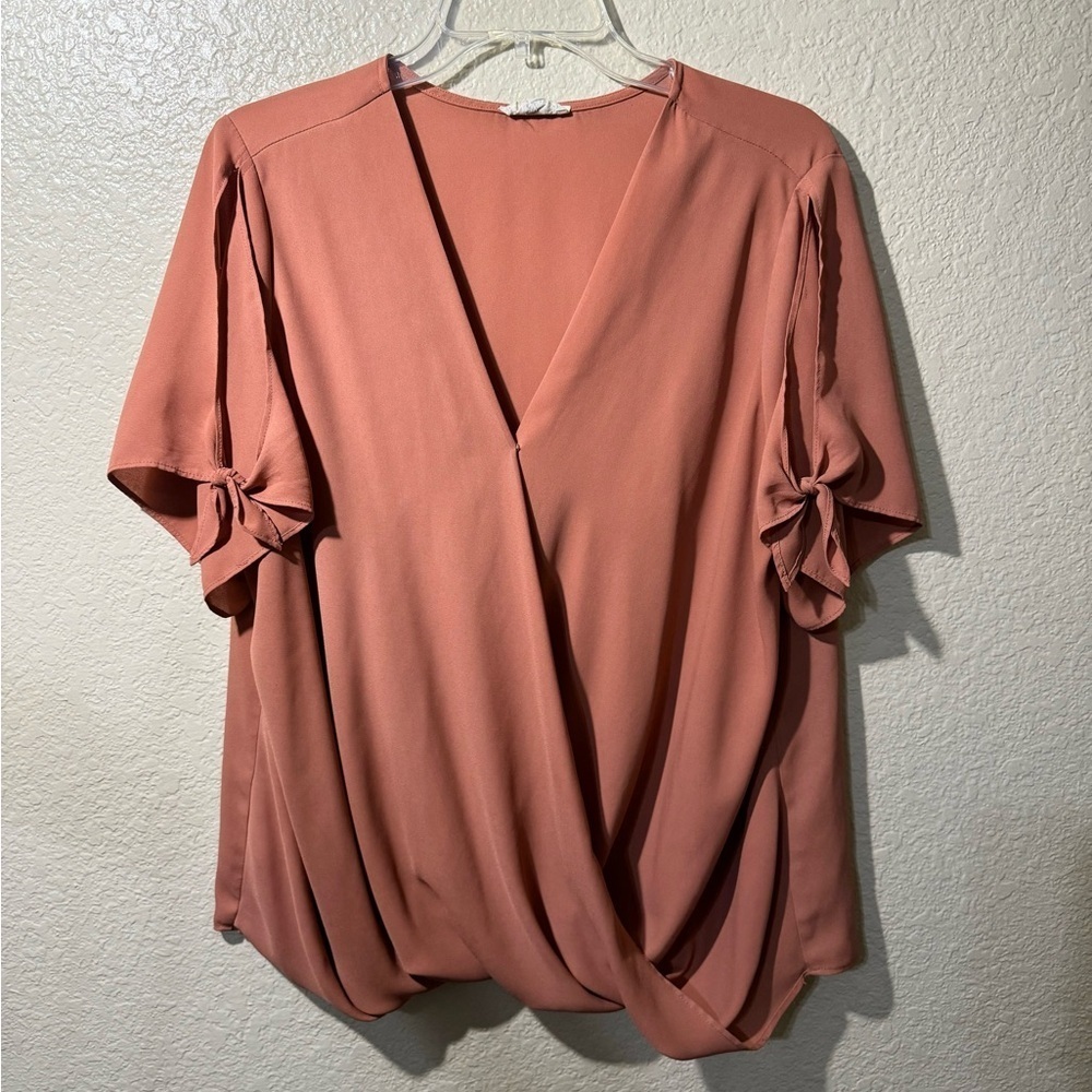 Sandy & Sid XL Mauve Wrap Blouse Surplice V Neck Tie Sleeve Flowy Top Hi Low